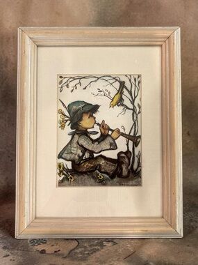 Vintage Michaels B. Hummel Print Boy Playing Horn w/ Bird Framed Artwork 5x7 EUC